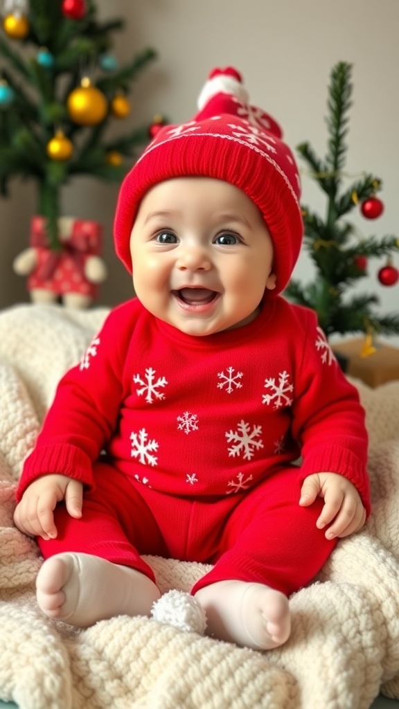An 8-month-old baby in a red Christmas outfit with snowflakes, sitting on a blanket with holiday decorations.